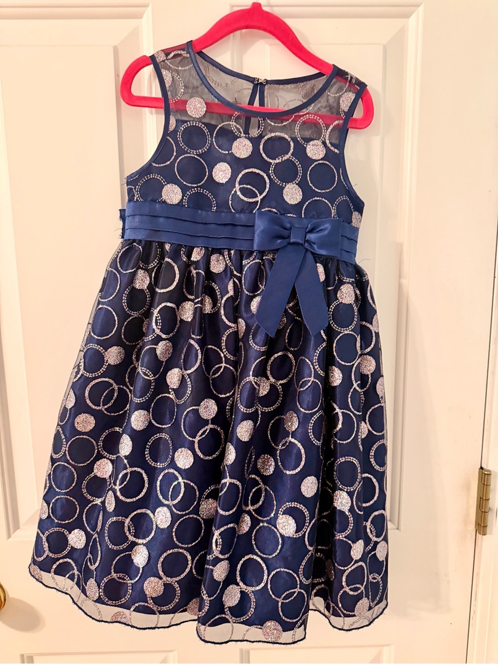 Girls Navy Blue Glitter Circle Party Dress with Satin Bow